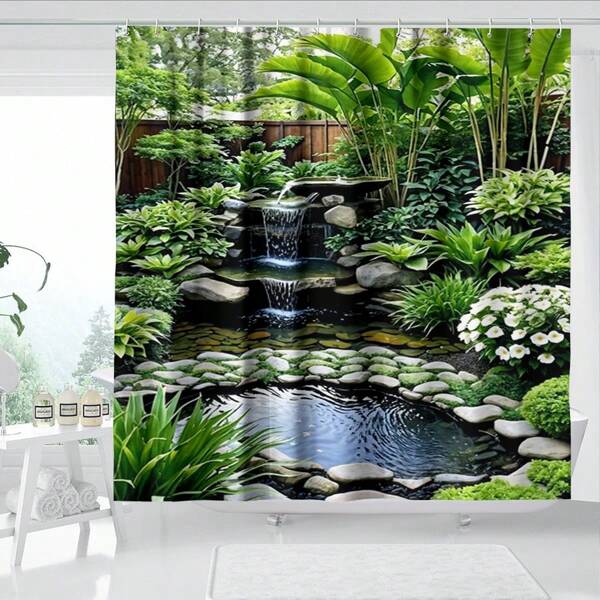 1pc Elegant Garden Waterfall Bathroom Shower Curtain - Country Home And Bathroom Decor, Polyester Material, Contains 12 Hooks, Machine Washable And Hand Washable, Suitable For All Seasons Bathroom Accessories Back To School
