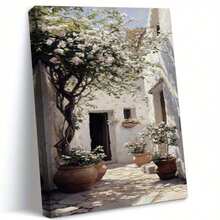 1pc Unframed Floral Canvas Wall Decor , White Wall Decor With Rustic Patio Scene, Bright Flowers And Sun-Drenched Planters, Modern Farmhouse Style, Perfect For Living Room, Bedroom Or Home Office, Ideal Gift For Spring And Summer Aesthetic, Bedroom Art Print | Serene Wall Art | Ink Medium, Room Decor, Posters, Wall Art, Room Decoration Stuff,Modern, Botanical - Multicolor - View 5