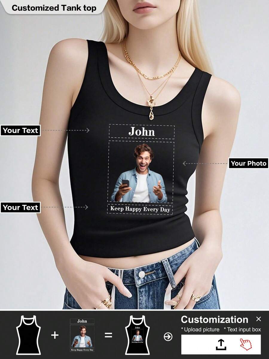 定制T恤，无袖女式背心，个性化标题：瑜伽、运动、健身、派对、度假、日常休闲、简约时尚。个性化T恤 - 黑色 - 查看 1