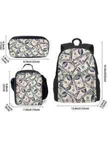 Dollar Pattern Printed Backpack Three Pieces Set (Front Bag Backpack + Lunch Bag + Pencil Bag) Pencil Case
