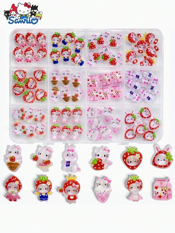 Sanrio Juego de cuentas y dijes de Hello Kitty de Sanrio para hacer joyas, con caja. Dijes de resina variados de Hello Kitty con fresa para decoración de uñas y manualidades de estuches de teléfono DIY