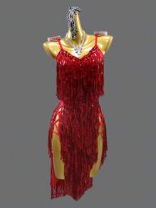 ABC Dancing Nuevo vestido de danza latina con lentejuelas y flecos, para baile de salón, fiesta, competición y actuación