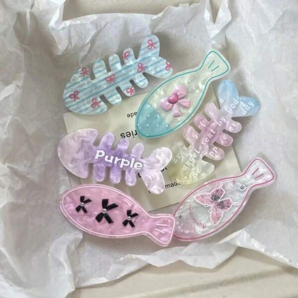 Cute Ombre Bow & Fish Bone Shaped Hair Clips, Jaw Clips For Bangs And Flyaways, New