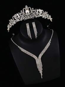 4pcs Kids Princess Necklace Set, Crystal Crown Necklace Set, Luxury Children Party Headpiece, Bridal Wedding Accessories Suitable For Gift, Party, Dance Events - Silver - View 5