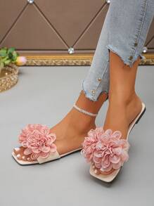 2025 Summer New Wide Fit Women's Fashion Strap Floral Decor Open Toe Flat Sandals, Soft Bottom Comfortable Non-Slip, Suitable For Outdoor Casual, Beach Resort, Holiday Party