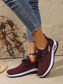 女式2025双条纹舒适透气高档时尚优雅百搭不疲劳厚底平底休闲鞋 - 酒紅色 - 查看 4
