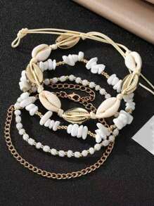 4 Stücke/Set Damen Mode Muschel & Perlen Fußkette, bohemische Strandschmuck für die Füße