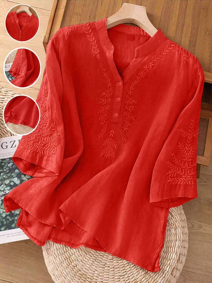 Camisa elegante vintage casual artística bordada para mujer, blusa bohemia de algodón y lino de corte holgado con bordado de unicolor sin posición, adecuada para ir al trabajo, vacaciones, días festivos, uso diario y salidas - Rojo - Ver 1