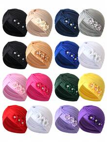 1pc Vintage Women's Solid Rhinestone Flower Casual Bandana Hair Wrap Hat, Versatile Watermelon Hat Hair Sleep Cap Sleep Bonnet,Beach,Travel - Multicolor - View 9