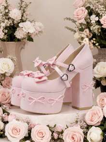 Womens Mary Jane Heels Platform Chunky Bow Heels Goth Round Toe Shoes Chunky High Heel Y2K Heels