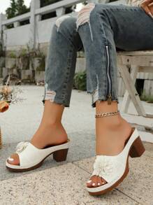 New Plus Size Summer Fashion Versatile Solid Color 3D Floral Breathable Hollow-Out Open Toe Platform Wedge Sandals, Faux Wood Grain Chunky Heel, Casual/Office Wear, Vintage Style, White