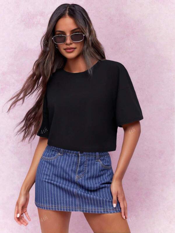Women Solid Color Round Neck Short Sleeve Casual Loose T-Shirt, Summer