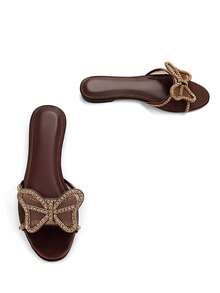 Women's Glamorous Full Crystal Hollow Net Butterfly Decor Brown Chiffon Material Fashion Round Toe Comfortable Flat Mule Sandals, Suitable For Daily Wear And Party,Spring Summer Outfits - Brown - View 4