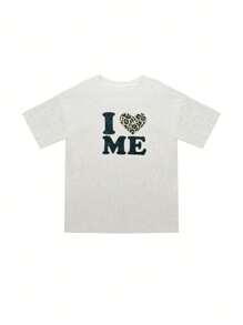 Vintage American Leopard Print Heart Letter Graphic Slim Fit Short Sleeve T-Shirt, Unique Top