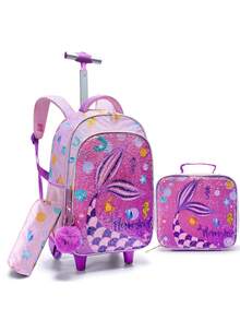 BLING BABIES 3pcs/Set Rolling Backpack, Cute Mermaid Sequin Design, Suitable For Elementary Students, With Lunch Box And Pencil Case - Pink - View 6