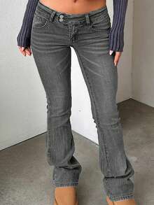 TOP Cross-Border European And American Street Fashion Y2K Hot Girls Tight-Fitting Low-Waisted Women's Bell-Bottom Pants - Dark Grey - View 1