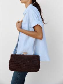 New Handwoven Raffia Grass Envelope Shoulder Bag With Adjustable Strap - Coffee - View 8