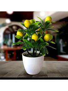 1 pièce Plantes en pot artificielles mini, fruits artificiels, citron/pêche/orange/fraise/gros fruit rouge/pomme/bonsaï, feuilles vertes factices, pot en plastique blanc pour décoration de la maison, table, bureau, salle de bain, décoration de jardin, plante d'extérieur, jardinage, fleurs artificielles
