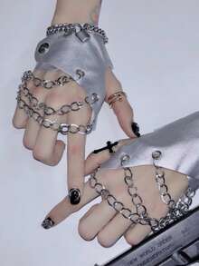 1 双 Y2K 朋克风格链条露指手套，性感前卫舞者表演者角色扮演配饰仿皮半指袖套