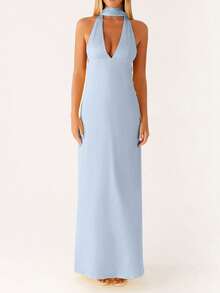 Women Sleeveless V Neck Formal Party Evening Cocktail Long Dress Halter Neck Open Back Silk Satin Maxi Dresses With Scarf - Màu xanh lam - Xem 3