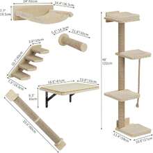 7PCS Wall Mounted Cat Climbing Shelves, Wooden Cat Wall Furniture, Cat Climbing Tree With 3 Scratching Posts/4 Steps Cat Stairway/Hammock/Cat Bed, Cat Tree Wall Mounted With 4 Platforms - 7 件 - 查看 4