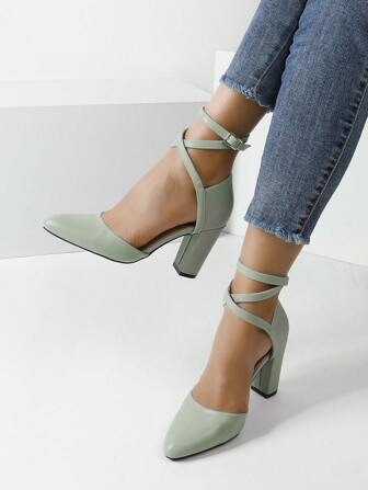 Timesize 秋冬季系带浅绿色高跟鞋 - 女士高跟鞋、玛丽珍粗跟鞋、婚鞋、厚底超高跟鞋、粗跟鞋、女士高跟鞋、工作鞋、正装鞋、优雅、派对鞋