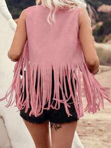 Women Rivet Tassel Vest Open Front Sleeveless Faux Suede Vest Jacket Hippie Costumes - Pink - View 7