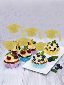 24 pièces Décorations de petit gâteau graduations en forme de toque noire et or pailleté - fournitures de décoration de petit gâteau pour fête de graduation