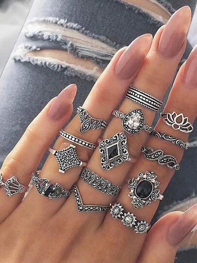 15 Peças Vintage Boêmio Lótus 15 Conjunto De Anéis