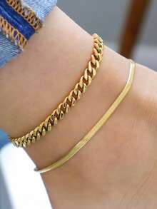 Tkool 2pcs/Set Fashionable Stainless Steel Gold-Tone Cuban Link & Snake Chain Anklets, Suitable For Daily Wear & Beach - Yellow Gold - View 2