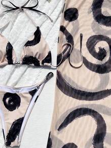 Women's Elegant Summer Beach Twist Print Tie Bikini Set With Coverup And Skirt