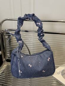 1 Pc Denim Fabric Smooth Zipper Bow Print Casual Fashionable Unique Shoulder Bag, Suitable For Women's Daily Use - Blue - View 10