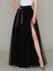 1 件女式开叉长款及地超长薄纱裙，带可拆卸丝带，适合夏季舞会晚会黑色万圣节秋季女士服装 - 黑色 - 查看 13