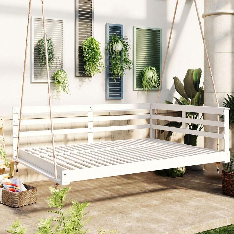 MERAX Acacia Wood Porch Swing Bed For Outdoor With Hem P Ropes - Full Size Patio Hanging Bed, 350lbs Capacity, Open-Side Minimalist Design For Patio, Backyard, Garden, White