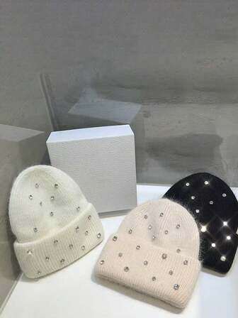1pc Women's Luxury Rabbit Fur & Rhinestone Embellished Knit Beanie Hat, Shiny Casual Autumn/Winter Cotton Ski Cap