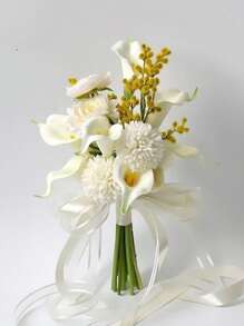 Bridesmaid Artificial Flower Bouquet For Wedding, White Tulip & Calla Lily Floral Arrangement, Bridal Bouquet, Wedding, Ceremony, Anniversary, Fake Flowers Spring Home Decor, Photography Props, Centerpiece, Party Table Decor, Holiday Decoration, Easter Gift, Birthday, Graduation