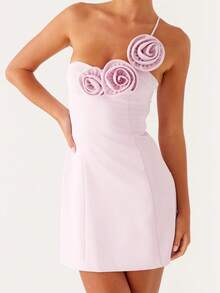 Women's 3D Flower Mini Dress One Shoulder Spaghetti Strap Solid Color Slim Fit Dress Clubwear - 紫色 - 查看 3