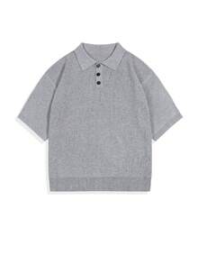 Casual Unisex Solid Color Minimalist Business Style Knit Pullover Top, V-Neck Short Sleeve Sweater, Spring/Summer - Grey - View 5