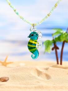 1pc Fashionable Multi-Color Beaded Necklace With Ocean Theme Hexagon, Mushroom, Glass Pendant, Suitable For Valentine's Day, Couple, Best Friends, Family Party, Gift, Beach, Daily Wear For Women