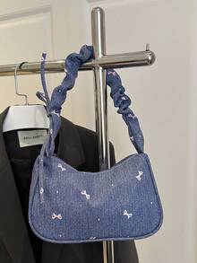 1 Pc Denim Fabric Smooth Zipper Bow Print Casual Fashionable Unique Shoulder Bag, Suitable For Women's Daily Use - Blue - View 11