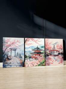 3pcs Ancient Temple Wall Art Decor, Landscape Artwork, Fish Pond Canvas Print Wall Arts, Japanese Architecture Posters, Red Bridge Paintings, Cherry Blossoms Modern Home Decor, Poster, Room Aesthetic, Ideal Gift, Optional Frame - 3Pcs/Set - View 3