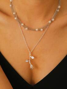 2 piezas Collar colgante con rosa de perla, accesorio de joyería elegante y de moda para mujeres, regalo para el Día de San Valentín, Día de la Madre, adecuado para uso diario, fiestas y festivales