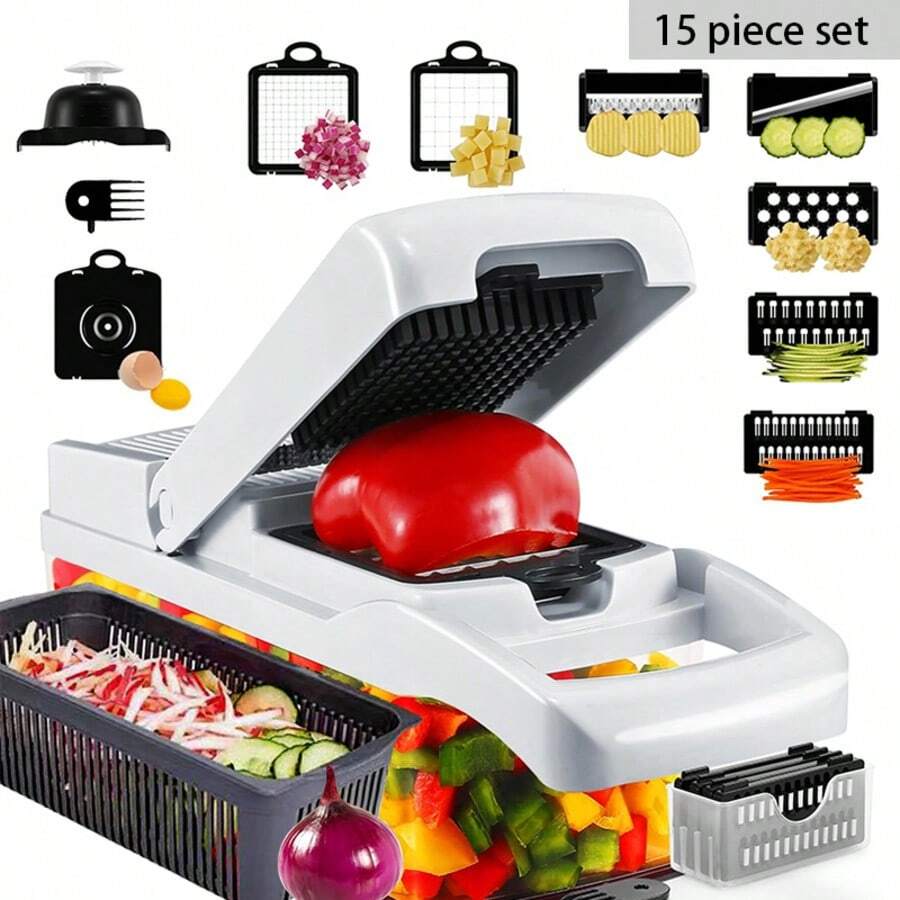 Vegetable Chopper Mandoline Slicer,Veggie Chopper, Multifunctional 15 In 1 Food Choppers, Kitchen Vegetable Slicer Dicer Cutter,Onion Mincer,Cheese Grater,Colander Basket,Kitchen Gadgets - Đen và trắng - Xem 1
