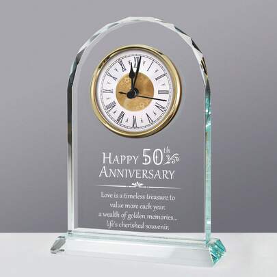 50th Anniversary Crystal Clock With Engraved English Message, Luxury Tabletop Decorative Keepsake For Wedding/Anniversary Gifts, Glass Base Home Office Ornament