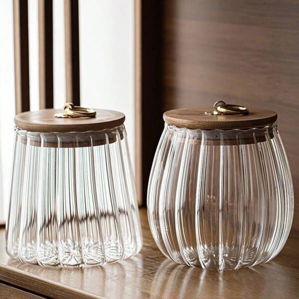 1pc Customized Vertical Striped Transparent Glass Sealed Canister, Multipurpose Storage Jar For Kitchen, Home, Tea Leaves, Snacks, Candy, 750ml, 650ml
