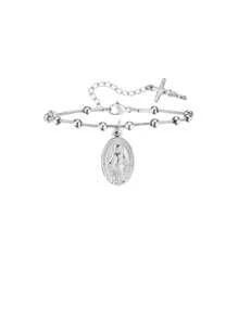 1pc 18K Gold Vacuum Electroplated Stainless Steel Virgin Mary Rosary Beads Chain Gold Bracelet For Women, Summer, Christian.