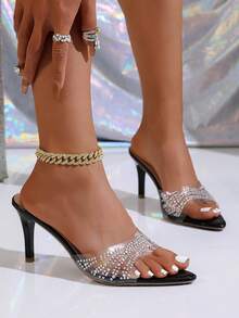 2025 Fashionable Youth Dance 7.5cm Crystal Stilettos Pointed Toe Ladies Sandals - Black - View 5