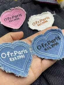 4pcs Embroidered Label Hat, Pink Denim Frayed Heart-Shaped Letter Down Jacket, Patchwork Hat Accessory
