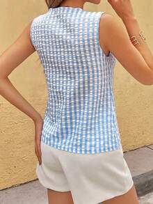 Plaid Sleeveless Crop Top With Ruffle Trim & Contrast Edge, Fresh Casual College Style Sweet, Suitable For Vacation, Daily Wear, Date, Spring/Summer New Arrival