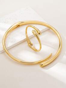 1 套时尚简约重金色金属几何水滴光滑饰面女士首饰套装，包括手链、戒指、项链、耳环、优雅简约耳环、项链、戒指和开口手镯、多用途日常女性配饰、春季设计 - 金黃色 - 查看 15